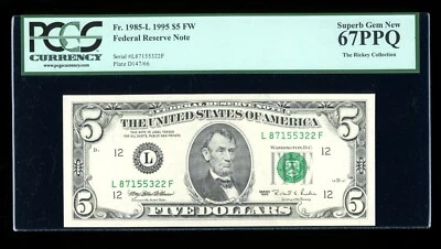 DBR 1995 $5 FRN San Francisco Superb Gem Fr. 1985-L PCGS 67 PPQ Ser # L87155322F - Image 1 of 2