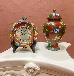 Vintage Chinese Cloisonne Jade Carved Center Dish Trinket and Ginger Jar Vase - Picture 1 of 10