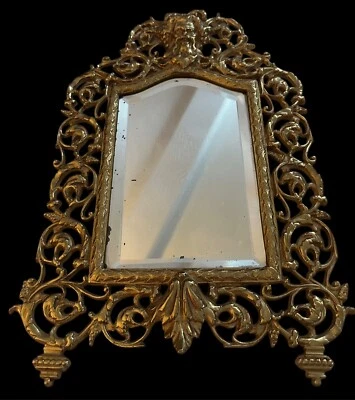 Victorian Gilt Brass Framed Beveled Mirror Bacchus Head Scroll Work Design  - Image 1 of 4