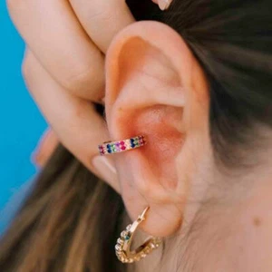 14K Gold Double Layer Multi-Sapphire Ear Cuff Jewelry Earring- The Jewelz - Picture 1 of 5