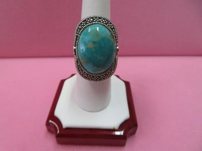 Huge Vtg 925 Sterling Silver Turquoise &  Marcasite Ring SZ 8- 21.28 G - Image 1 of 4