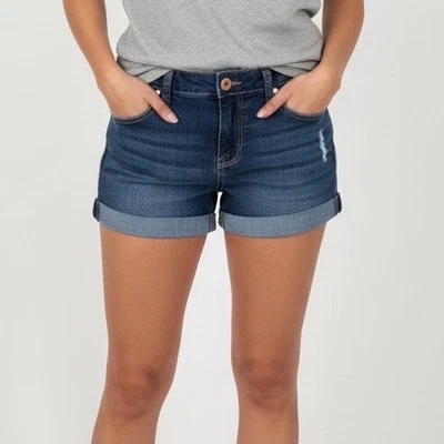 Pantalones cortos de mezclilla rosa celebrity desgastados con puños azules 3 26 para mujer Foto 1 de 4