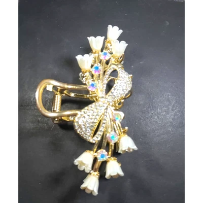 Clip de garra de pasador de pelo tono dorado lilly perlas de imitación estrás boda Foto 1 de 4