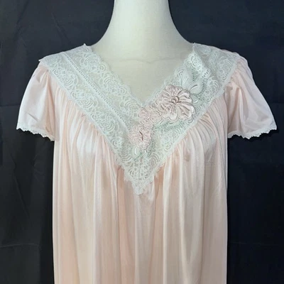 Vtg Shadowline Nylon Gown Nightgown Peach Pink Lace Embroidery Women’s L Large - Image 1 of 4