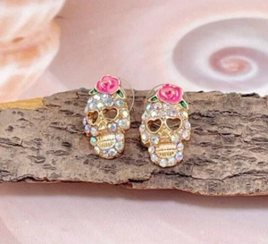 Sugar Skull Fashion Stud Earrings Rhinestones Pink Rose Festival Rose Jewelry - Picture 1 of 2