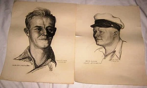 2 NAUTICAL MARITIME CT USA SEA SHIP LIGHTHOUSE SAILOR COOK CHARCOAL ART DRAWING - Picture 1 of 9