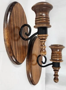 2 Applique vintage Homco in legno con portacandele votivo in ferro battuto metallo nero - Foto 1 di 6