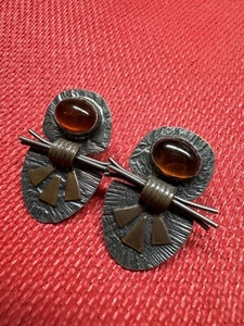 STERLING SILVER & COPPER ABSTRACT MODERNIST DESIGNER AMBER STUD POST EARRINGS - Picture 1 of 10