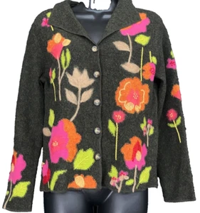 Vintage 1990s floral embroidered sweater, gray pink cardigan oversized wool - Picture 1 of 6