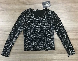 Girls’ Long Sleeve Lettuce Edge Ribbed Stretch Floral Pullover T-Shirt Black M - Picture 1 of 3