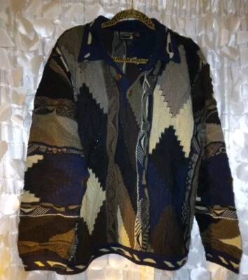 Vintage COOGI Wool Brown Blue Australia Sweater 3D Knit L Textured 3 Buttons 90s - Image 1 of 4