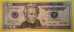 Star Note TWENTY Dollar Bill 2009 Circulated Serial Number JE10578324* Cool Num - Picture 1 of 8