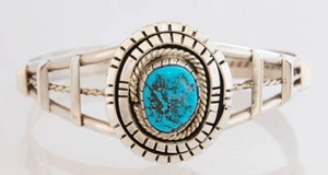 Native American Navajo Handmade Sterling Silver Bracelet with Turquoise - Picture 1 of 3