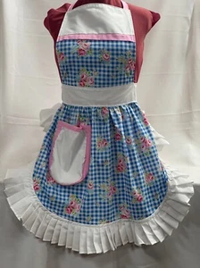 RETRO VINTAGE 50s STYLE FULL APRON / PINNY - BLUE & WHITE GINGHAM with FLOWERS - Picture 1 of 6