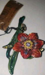 Jay Strongwater Enamel & Crystal Floral Daffodil and Lady Bug Pin Brooch W Tag. - Picture 1 of 18