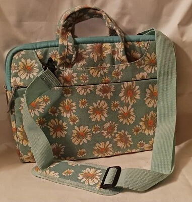 Bolsa para portátil/tableta 13 1/2" verde azulado y margarita blanca. escuela, trabajo, protector. Foto 1 de 4
