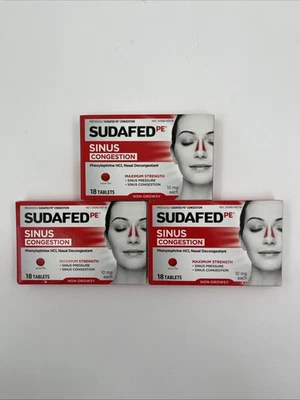 Lote de 3 Tabletas de Alivio de Congestión Sinusal Sudafed Pe, Fuerza Máxima, Sin Drow Foto 1 de 4