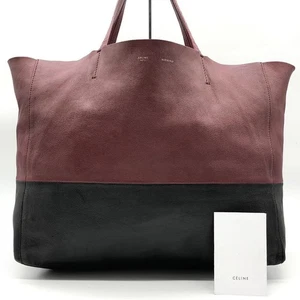 Celine Horizontal Cabas Leather Tote Bag Shoulder Bag Bicolor Bordeaux Black - Picture 1 of 24