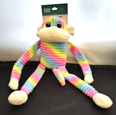 NEW! Zippy Paws Rainbow Crinkle Monkey Dog Toy Squeaky Plush Stuffed Fabric Body - Image 1 of 4