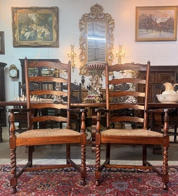 Винтажная пара французских резных обеденных стульев из ячменя с закрученными деревянными сиденьями - Изображение 1 из 4