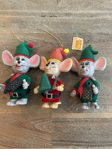 Vintage Set di 3 1979 Jasco Elfo Topi Allegri Decorazione Natalizia Floccato - Foto 1 di 4