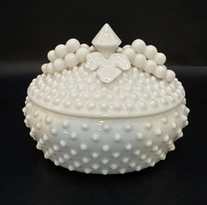 Vintage Fenton Milk Glass Hobnail Oval Covered Candy Dish w/ Lid Grape Motif - Picture 1 of 8