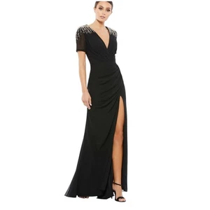 Vestido de Noche Mac Duggal Negro Lentejuelas Adornado Hombro Estilo 55704 Talla 2 Nuevo con Etiquetas - Imagen 1 de 12