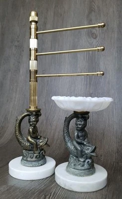 Milk Glass & Brass Cherub & Koi Fish Bathroom Set Soap Dish & Hand Towel Rack  - Image 1 of 4