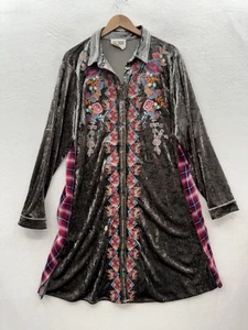Savanna Jane Women’s 1X Brown Velvet Embroidered Button Up Duster Dress - Picture 1 of 9