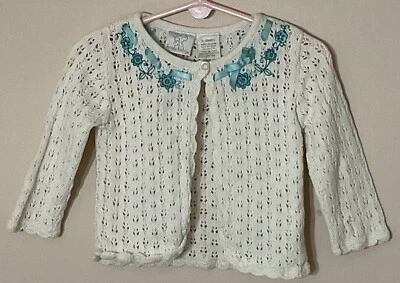 Koala Baby Infant Girl Cardigan w/Embroidered Aqua Flowers White Size 6-9 Months - Image 1 of 4