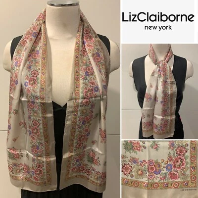 Винтажный LIZ CLAIBORNE шелк камень и розовый цветочный длинный шарф 26 x 130 см ручной рулон подол - Изображение 1 из 4