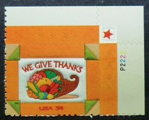 3546 MNH 2001 34c We Give Thanks PNS Thanksgiving Day Cornucopia horn of plenty - Picture 1 of 1