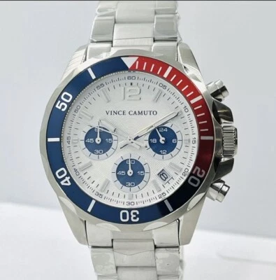 NOVO Relógio Vince Camuto Masculino Cronógrafo Aço Inoxidável 43mm Vermelho/Azul com CAIXA - Imagem 1 de 4