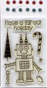 HERO ARTS clear stamps & Gems FAR OUT HOLIDAY Christmas Greetings Robot Tree - Picture 1 of 2