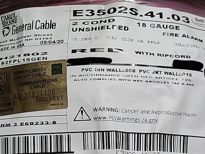 Carol E3502S 18/2C Solid Plenum Fire Alarm Wire Cable FPLP Red /100ft - Image 1 of 4