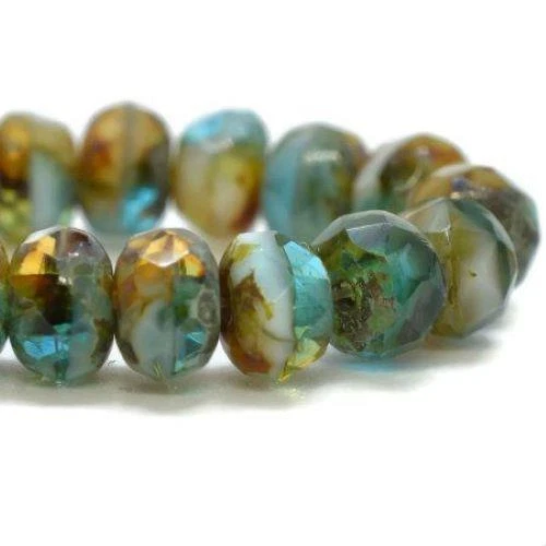 Qty 30 - 3x5mm Blue, Amber & White Rondelle w/ Picasso Finish Czech Glass Beads - Image 1 of 1