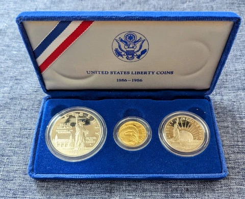 1986 US Mint Liberty Proof Coins 1886-1986 3 Coin Set in Box (1 GOLD Coin) Cover