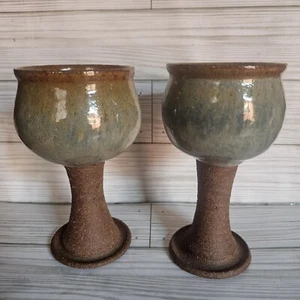 Vintage Studio Art Pottery Wine Goblets Set Of 2 Chalice Blue - Picture 1 of 16
