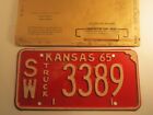 *Unused* License Plate Truck Tag 1965 Kansas Sw 3389 Seward County [Z270a]
