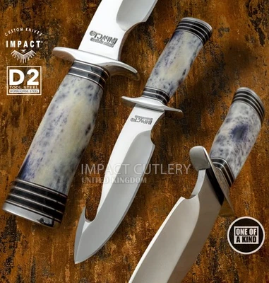 Model # 5781 Impact Cutlery Custom Gut Hook Bowie Knife D2 Blade Camel Bone - Image 1 of 4
