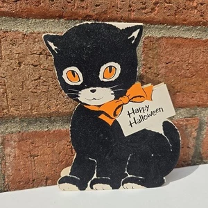 Vtg Norcross Flocked Black Cat Halloween Card - Picture 1 of 9