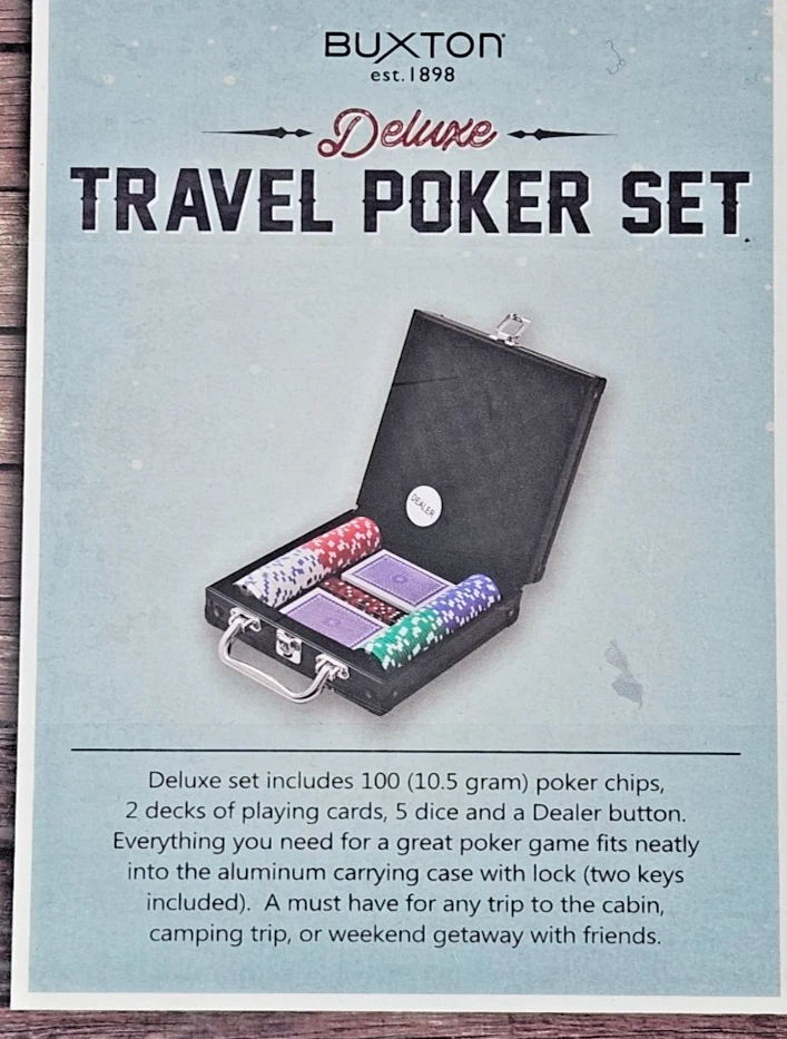 Buxton Deluxe Travel Poker Set Locked Aluminum Case 100 Chips 2 Decks 5 Dice