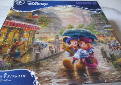 1,000 Piece Disney/ Puzzle "Mickey + Minnie" Paris 26.75"X19.75"  Kinkade - Image 1 of 4