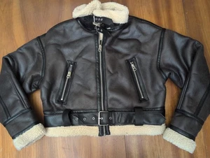 ZARA BROWN DOUBLE-FACED SHORT JACKET FAUX SHEARLING FUR TRIM AVIATOR FLYING COAT - Picture 1 of 14