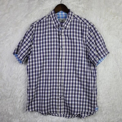 Report Collection Mens L Navy Check Linen Blend Button Down Shirt - Image 1 of 4