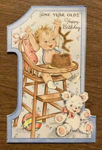 Tarjeta de Feliz 1er Cumpleaños Sello Años 40 De Colección Bebé Feliz en Silla Alta con Pastel P1F - Imagen 1 de 12