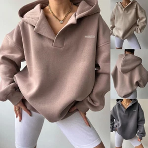 Plus Size Women Fleece Hoodies Tops Ladies Casual Baggy V Neck Hooded Sweatshirt - Picture 1 of 21