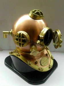 18" Brass Deep Sea US Navy Mark V Diving Divers Scuba Helmet With Wooden Base - Picture 1 of 3