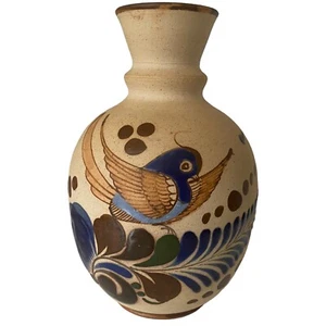 Vintage Mexican Tonala Stoneware Pottery Vase 7.5" Folk Art Bird Flowers - Picture 1 of 10