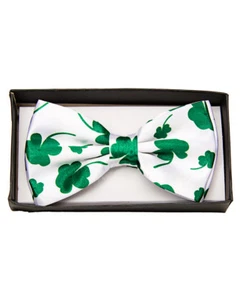 Corbata Arco Blanco con Estampado de Trébol Grn Poli Satén Preatado Disfraz Corbata con Banda Adj - Imagen 1 de 1